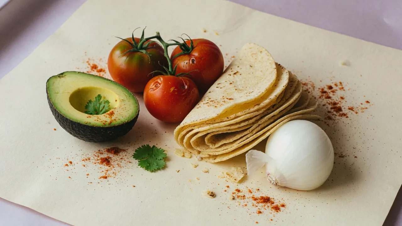 Aguacate, jitomates, tortillas y cebolla sobre papel crema.