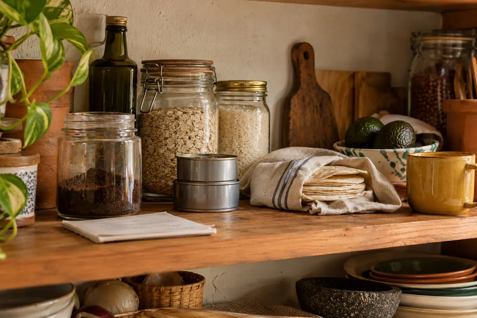 Despensa con café, avena, arroz y tortillas en una cocina cálida.