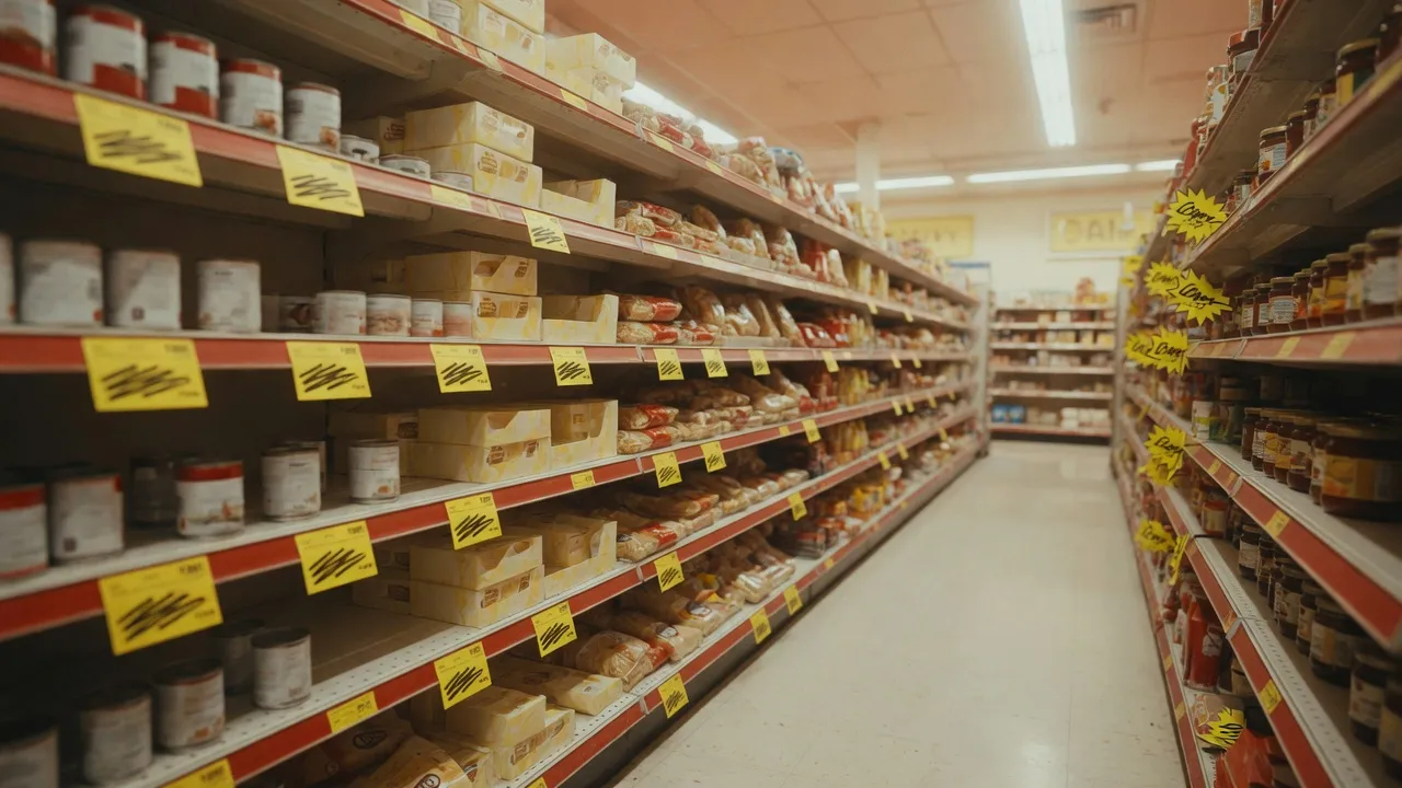 Pasillo de supermercado con etiquetas amarillas de precio, sin cifras legibles.