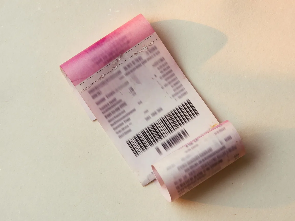 Ticket térmico desenrollado sobre papel crema, con franja rosa y código de barras.