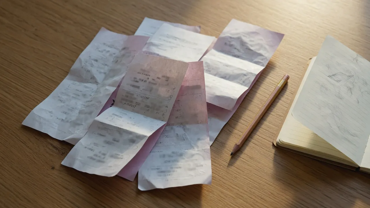 Varios tickets térmicos sobre una mesa de madera, junto a un lápiz y un cuaderno.